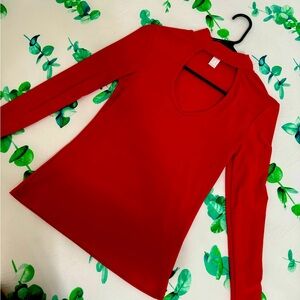 Red stretchy fancy neck blouse